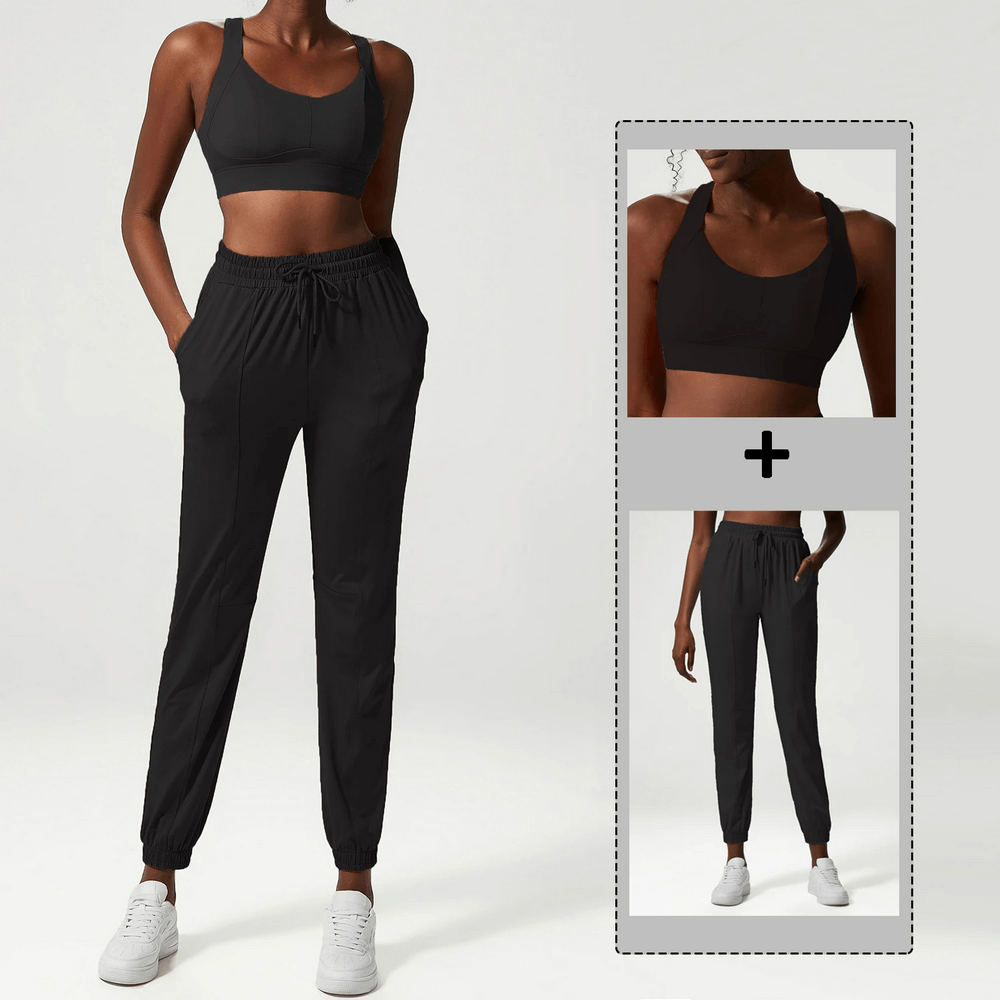 Women's three-toned athletic clothing set SF2090, featuring breathable and quick-drying sports top and pants in black.